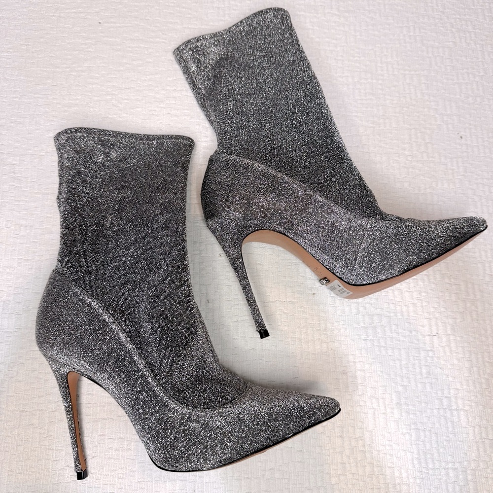 $258 SCHUTZ Silver Metallic Stretch Heeled Ankle Booties 7 NWT